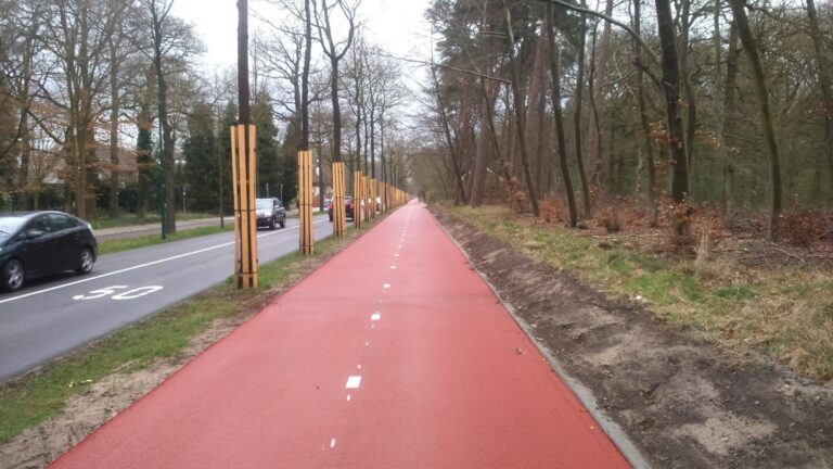 Bomen met houten stamommanteling langs een rood fietspad